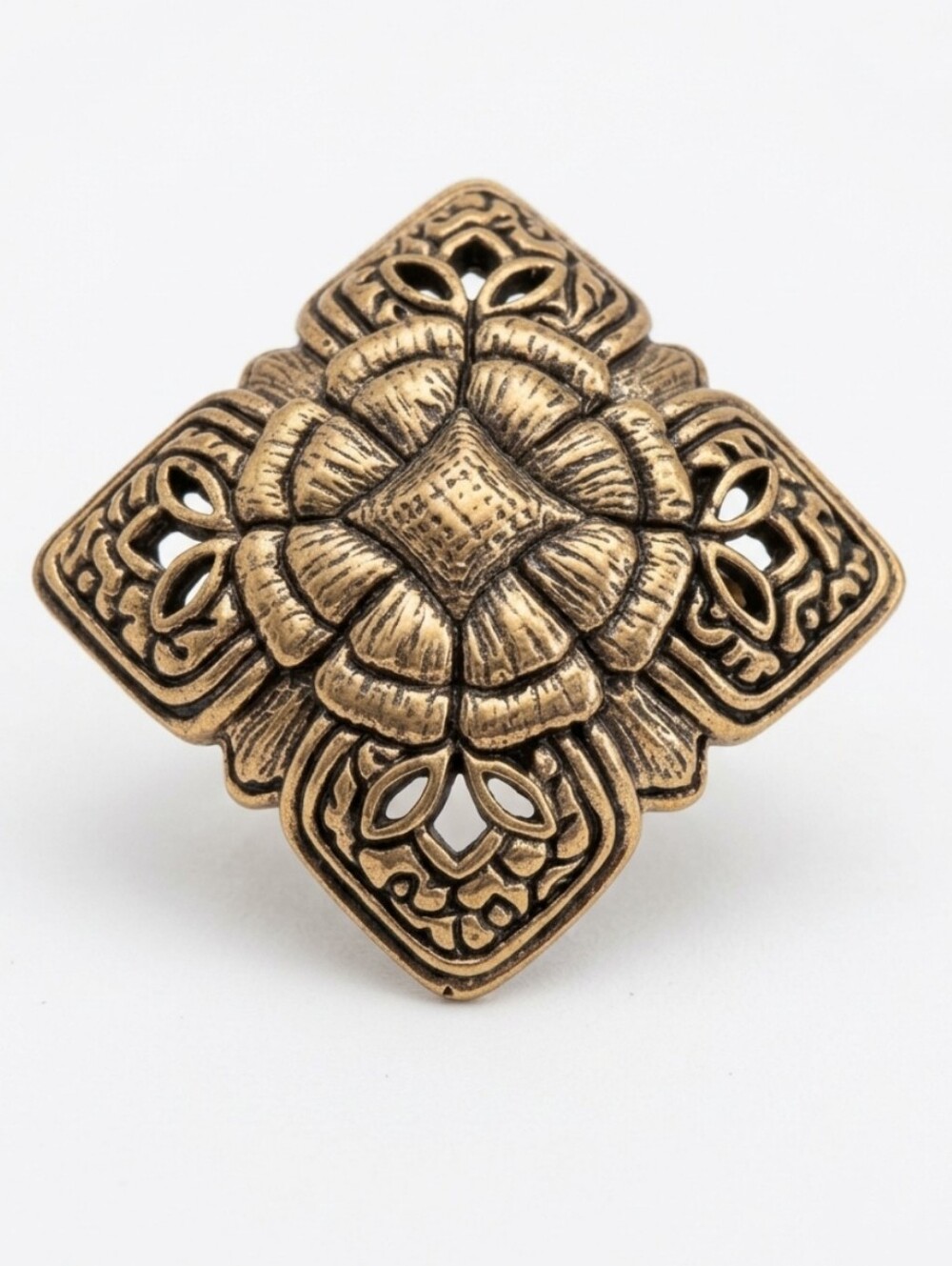 Vtg Barse Brass Decorative Floral Motif Square Statement Ring - Size 7
